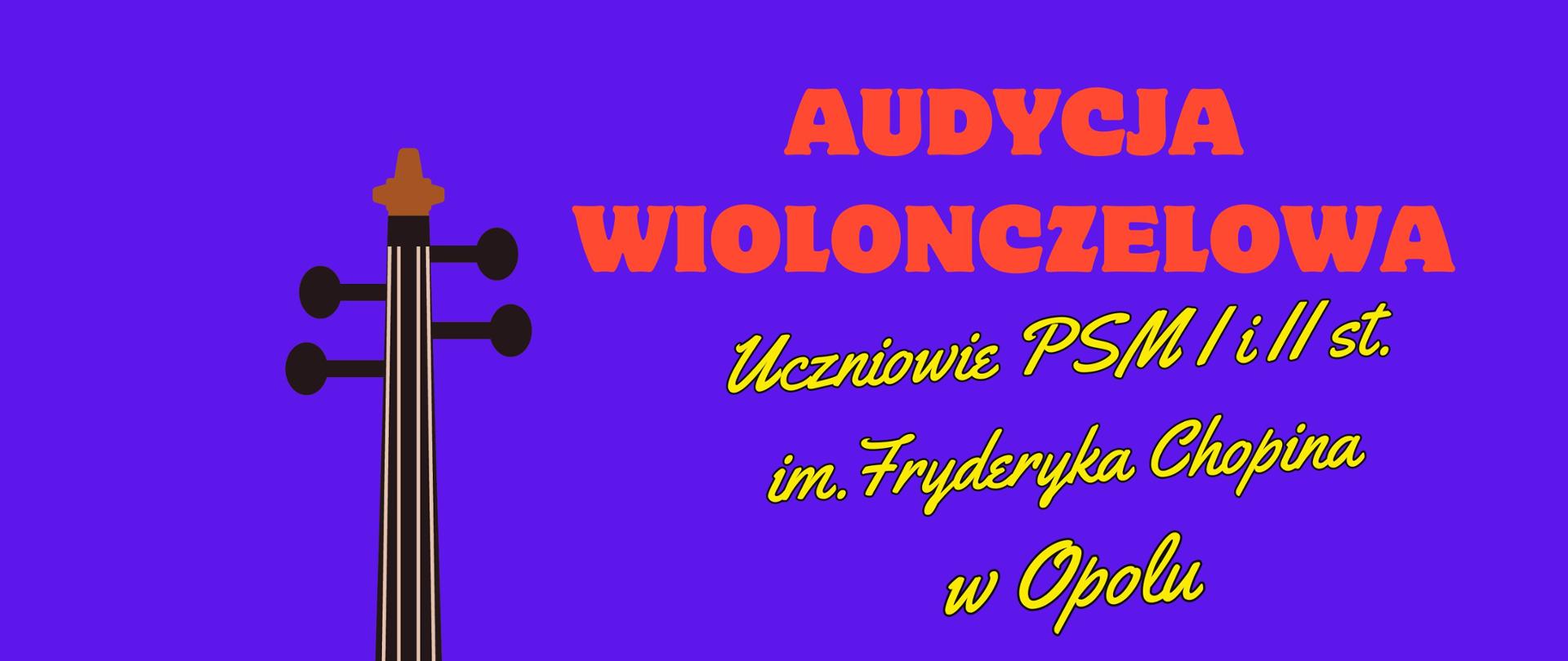 Plakat w kolorach fioletu, brązu i żółtego zawierający informacje związanie z audycją wiolonczelową, obrazek wiolonczeli z lewej strony plakatu z prawej strony informację 