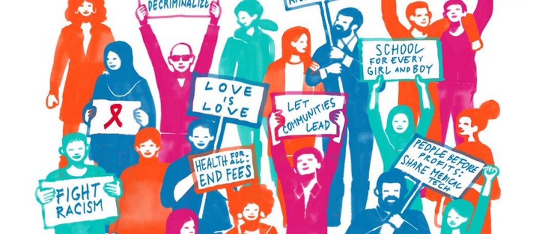 Plakat z różnokolorowymi rysunkami osób trzymających transparenty w języku angielskim: "FIGHT RACISM", "LOVE IS LOVE", "SCHOOL FOR EVERY GIRL AND BOY"... 
