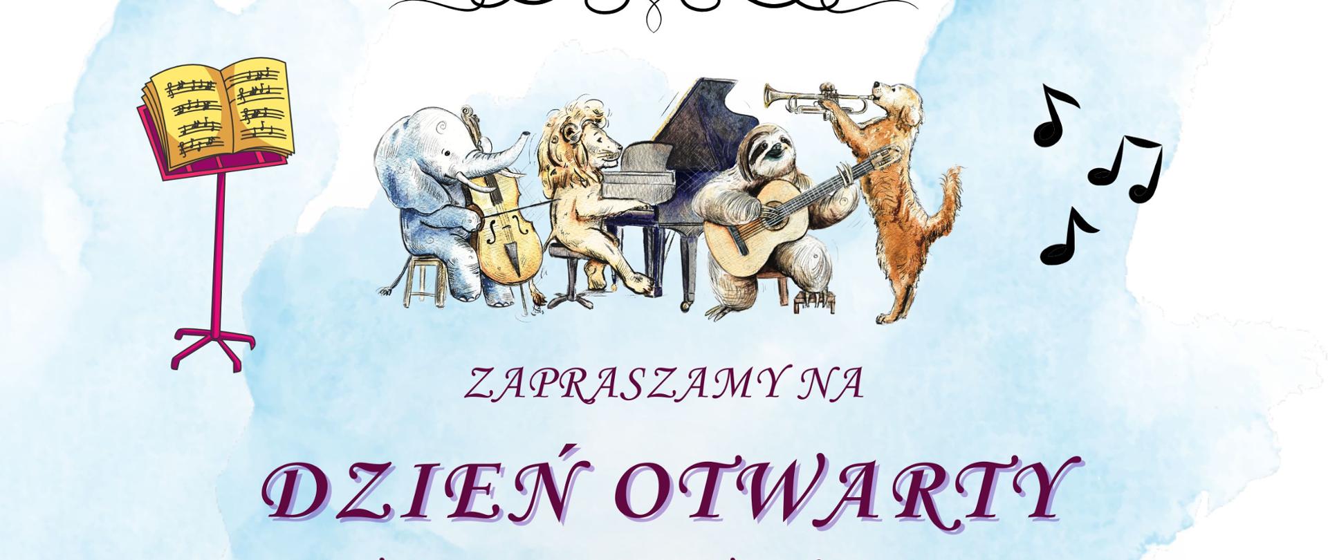Plakat. Rysunek na tle nieba od góry rysunek zwierzątek grających na instrumentach, napis "zapraszamy na dzień otwarty w szkole muzycznej 5 maja 2026r. od godz. 15:00 do 18:00. Dowiecie się: jak wyglada nauka w szkole muzycznej, jak wygląda rekrutacja i jak się do niej przygotować, jakie warunki należy spełnić, aby zostać uczniem szkoły muzycznej. Będziecie mogli zobaczyć i poznać instrumenty, skonsultować się z nauczycielami oraz zwiedzić szkołę. O godzinie 17:15 zapraszamy na koncert uczniów szkoły muzycznej."