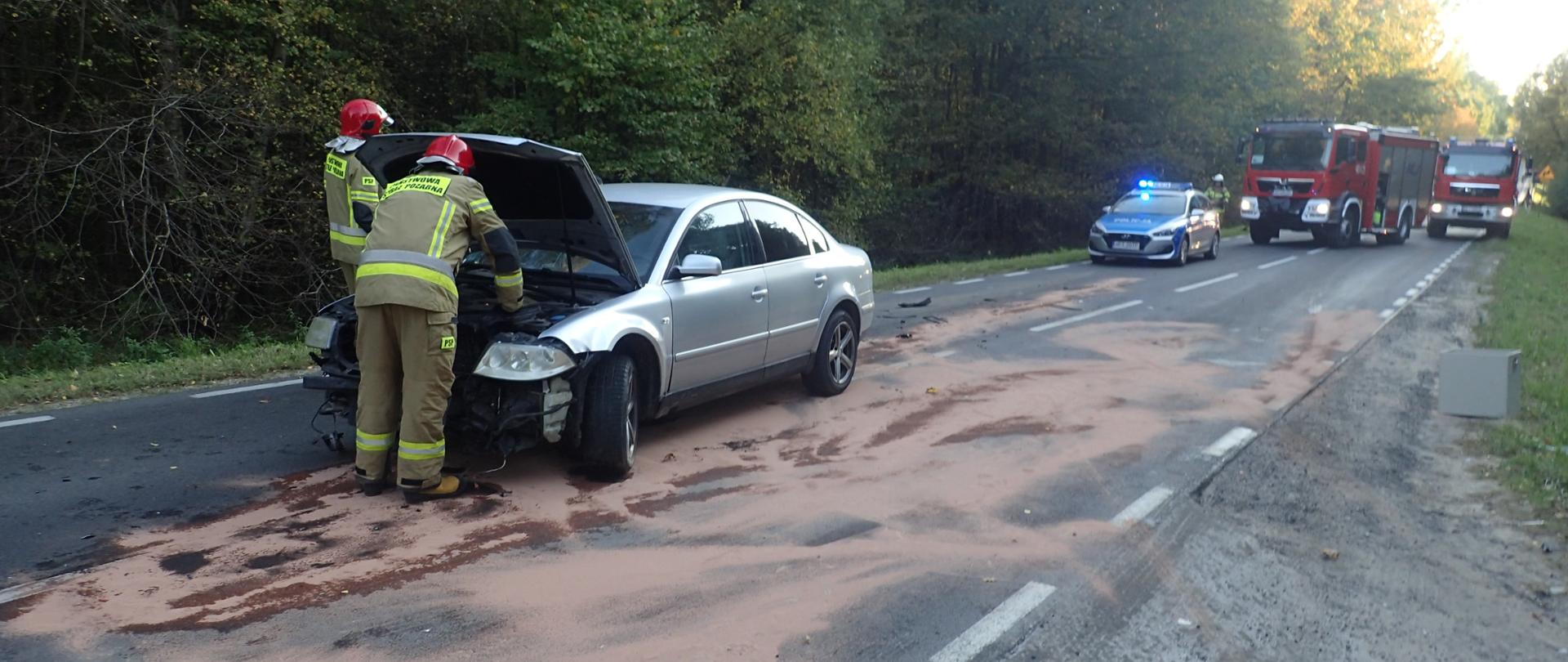 Zdjęcie przedstawia strażaków stojących obok uszkodzonego pojazdu, który uczestniczył w kolizji