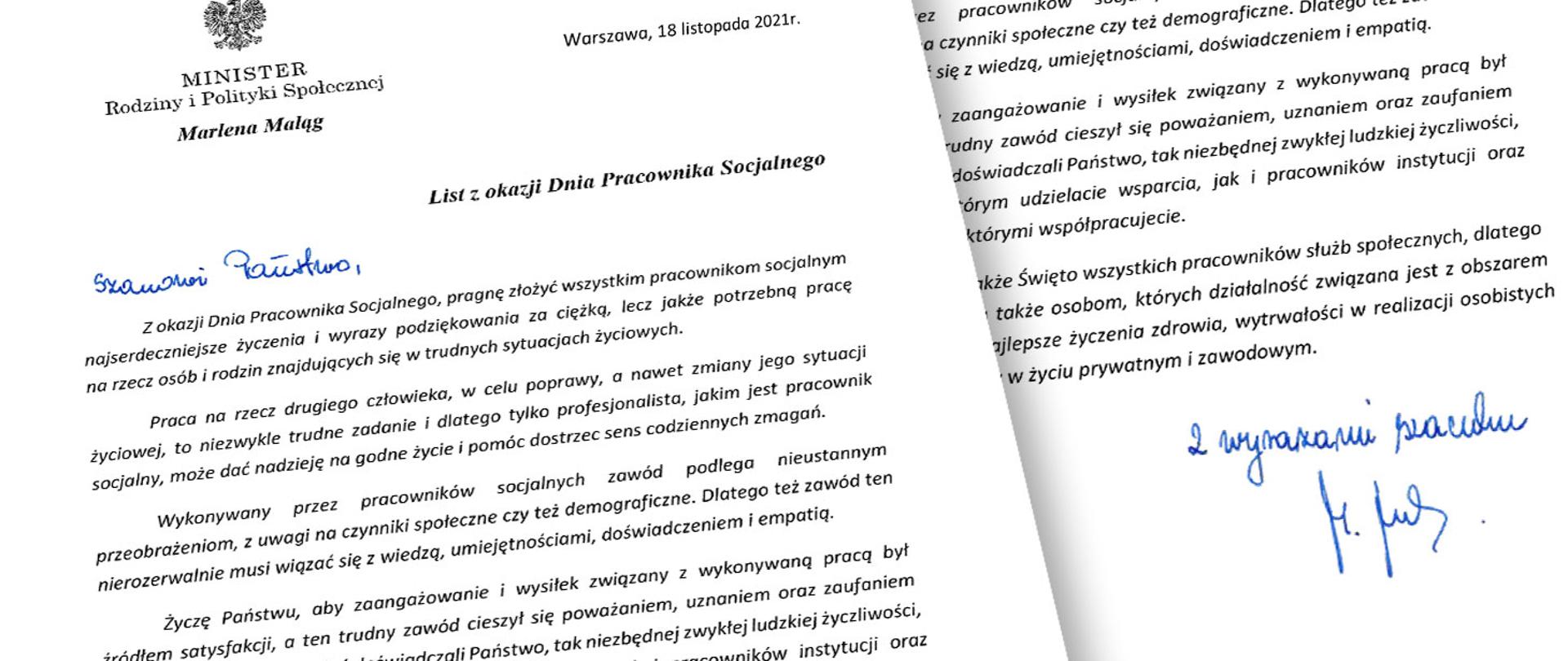 List Minister Marleny Maląg z okazji Dnia Pracownika Socjalnego