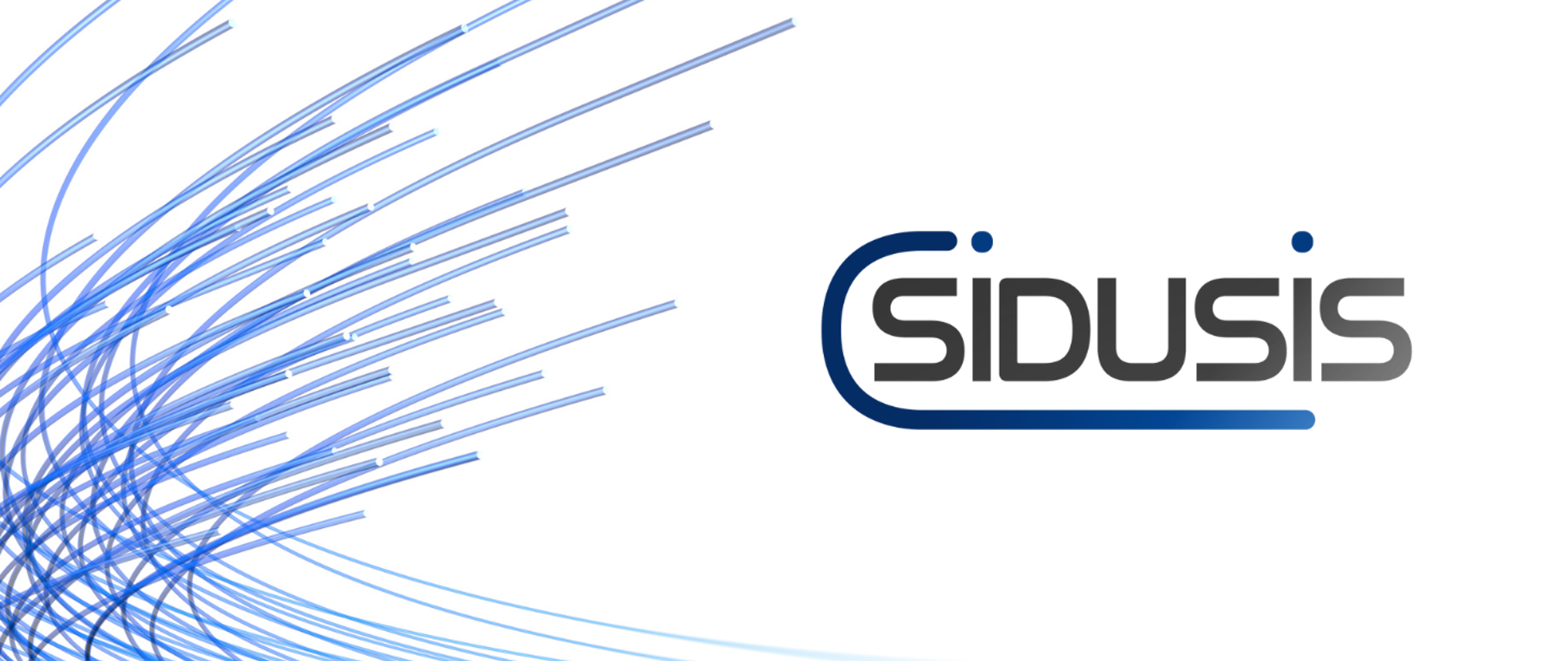 Wiązka niebieskich włókien światłowodowych na białym tle i logo systemu SIDUSIS.