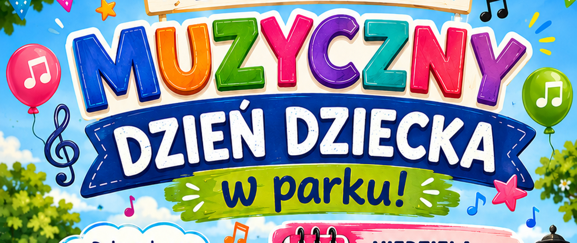 Kolorowy plakat zapraszający na muzyczny Dzień Dziecka w parku. Całość utrzymana jest w bardzo radosnym, bajkowym stylu – dominują żywe kolory: niebieski, różowy, zielony, żółty i pomarańczowy. Tło przedstawia słoneczny park z zielenią, kwiatami i błękitnym niebem.
Na samej górze znajduje się napis: „Zapraszamy na”. Poniżej ogromny, wielobarwny tytuł: „Muzyczny Dzień Dziecka”, a pod nim dopisek „w parku!”.
Wokół widoczne są dekoracje: kolorowe chorągiewki, balony z nutkami, symbole muzyczne i gwiazdki.
Po lewej stronie znajduje się chmurka z tekstem:
„Dołącz do nas i spędź niezapomniane popołudnie pełne muzyki i radości!”
W centralnej części plakatu umieszczono informacje organizacyjne:
Niedziela, 31 maja
Godzina 14:00–18:00
Park Miejski w Skierniewicach
Obok każdej informacji są duże, czytelne ikony: kalendarz, zegar i znacznik lokalizacji.
Dolną część plakatu zajmują rysunkowe postacie dzieci grających na instrumentach:
dziewczynka śpiewa do mikrofonu,
chłopiec gra na perkusji,
dziewczynka siedzi przy keyboardzie,
chłopiec gra na gitarze.
Wszystkie dzieci są uśmiechnięte i wyglądają na bardzo szczęśliwe.
Po lewej stronie na drewnianej tablicy wypisano atrakcje:
występy,
warsztaty muzyczne,
zabawy,
i wiele więcej.
Na samym dole znajduje się duży napis:
„Stwórzmy przestrzeń pełną muzyki i radości!”
Plakat sprawia wrażenie bardzo energetycznego, przyjaznego i skierowanego głównie do dzieci oraz rodzin.
