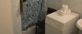 Miejsca noclegowe w siedzibie OSP. Pomieszczenie łazienki, w którym znajduje się umywalka i pralka automatyczna. Obok jest kabina prysznicowa.