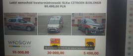 Narada roczna. Slajd, na którym znajdują się trzy zdjęcia zakupionego fabrycznie nowego lekkiego samochodu kwatermistrzowskiego CITROEN BERLINGO. Pod zdjęciami informacja o sponsorach i udziale finansowym każdego z nich. Po prawej i lewej stronie slajdu loga PSP i Powiatu Rawickiego.