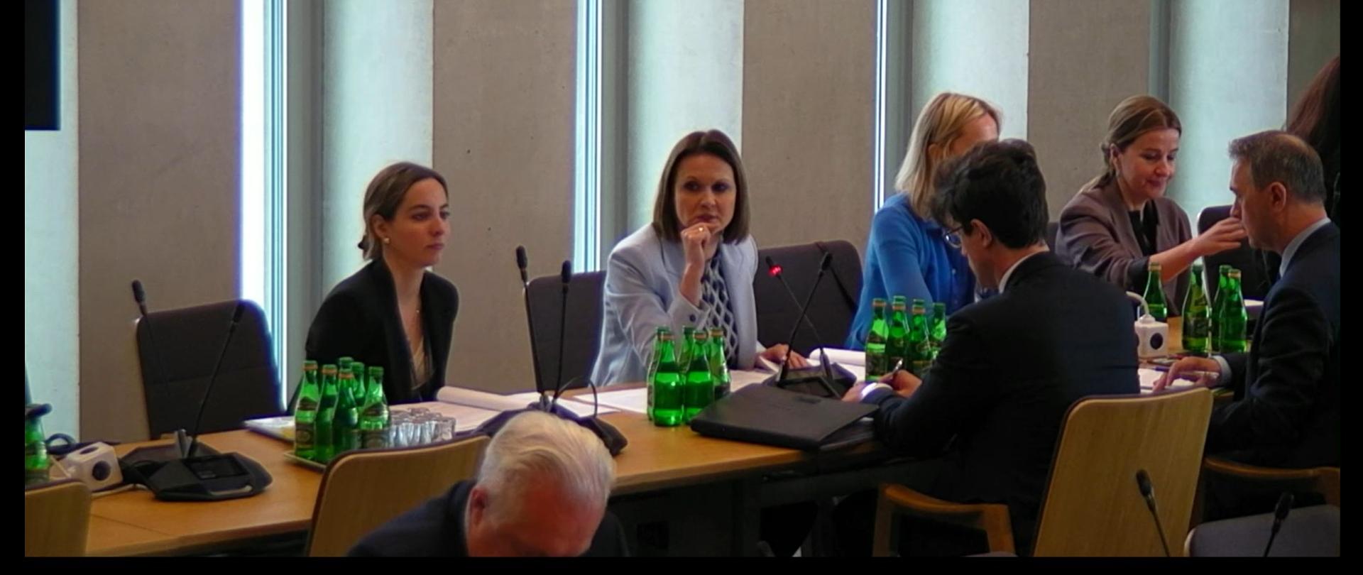 Fotografia Pełnomocnika Rządu do spraw Równego Traktowania Anny Schmidt z zespołem podczas posiedzenia Komisji Sejmu do spraw Unii Europejskiej