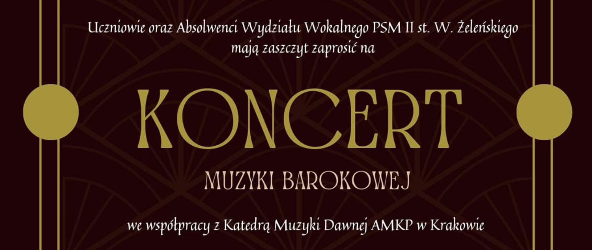 Grafika zdjęć kompozytorów barokowych na brązowym tle i napis Koncert muzyki barokowej 28.04.2023
