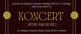 Grafika zdjęć kompozytorów barokowych na brązowym tle i napis Koncert muzyki barokowej 28.04.2023