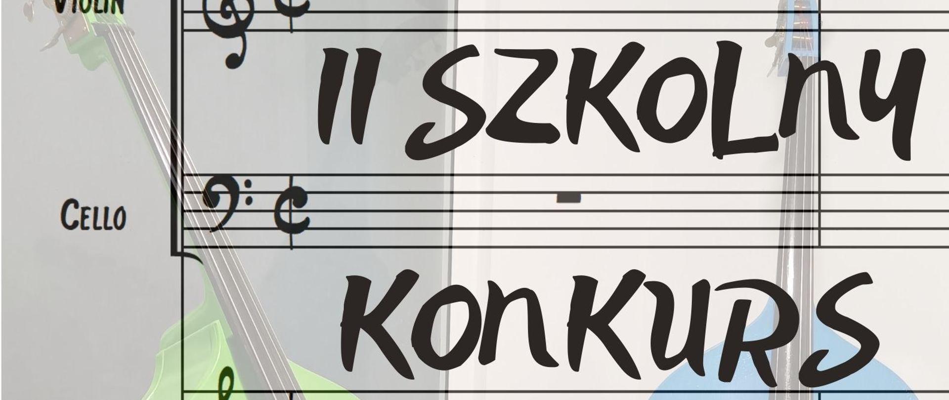 Plakat na szarym tle. Czarna pięciolinia i czarne litery informujące o konkursie