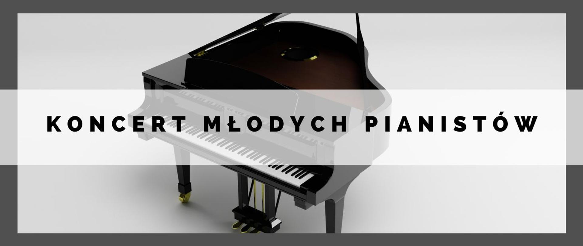 Zdjęcie czarnego fortepianu na białym tle. Głównym elementem czarny tytuł koncertu.
