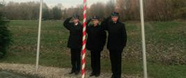 strażacy w mundurach oddają honory przy wciągniętej na maszt fladze narodowej