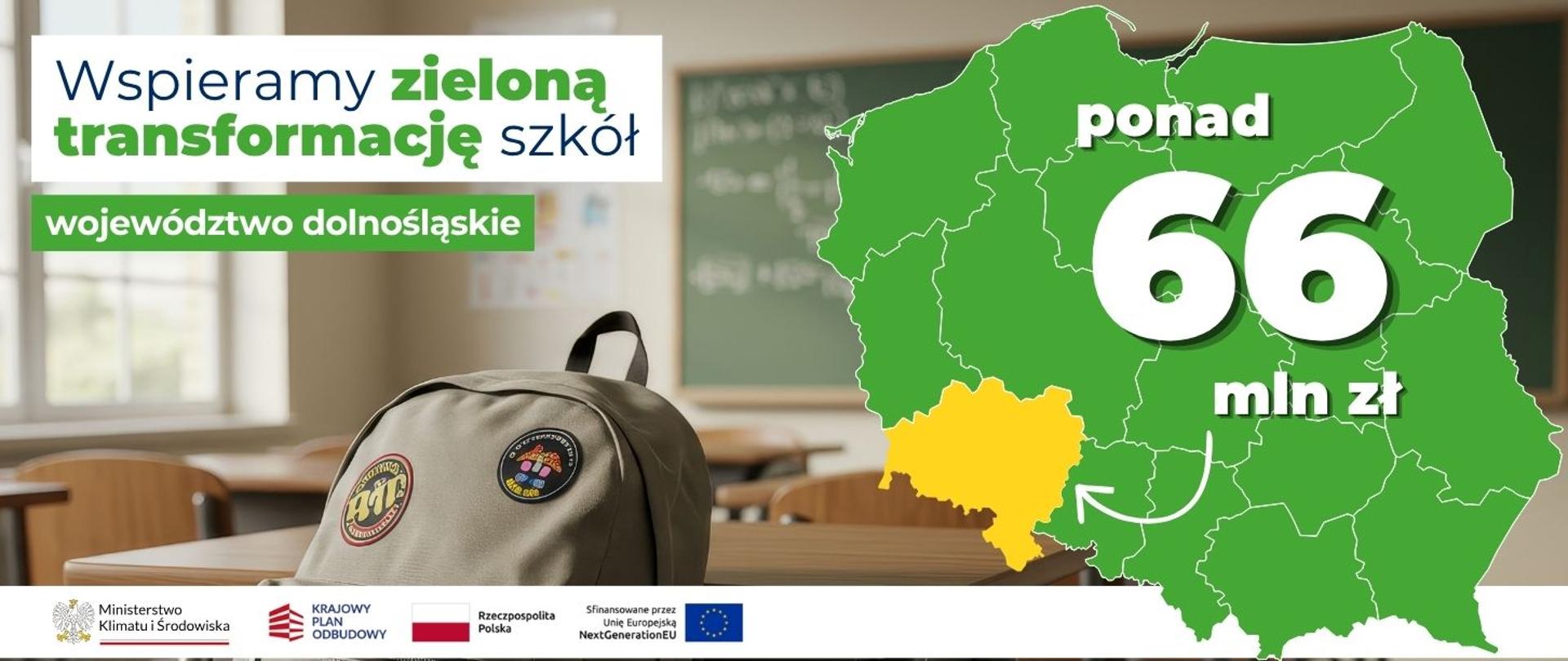 Na banerze po lewej stronie widnieje napis: Wspieramy zieloną transformację szkół województwo dolnośląskie. Po prawej stronie widoczna jest mapa Polski z zaznaczonym na żółto woj. dolnośląskim i napisem ponad 66 mln zł.