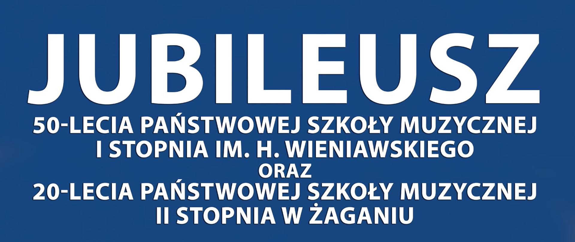 Budynek zabytkowego szpitala św. Doroty od strony południowej - nowa baza PSM I i II stopnia w Żaganiu, w górnej części plakatu informacje o jubileuszu 50-lecia PSM I stopnia im. Henryka Wieniawskiego oraz 20-lecia PSM II stopnia w Żaganiu i terminy koncertów: 6 maja 2023, 27 maja 2023, 12 czerwca 2023 