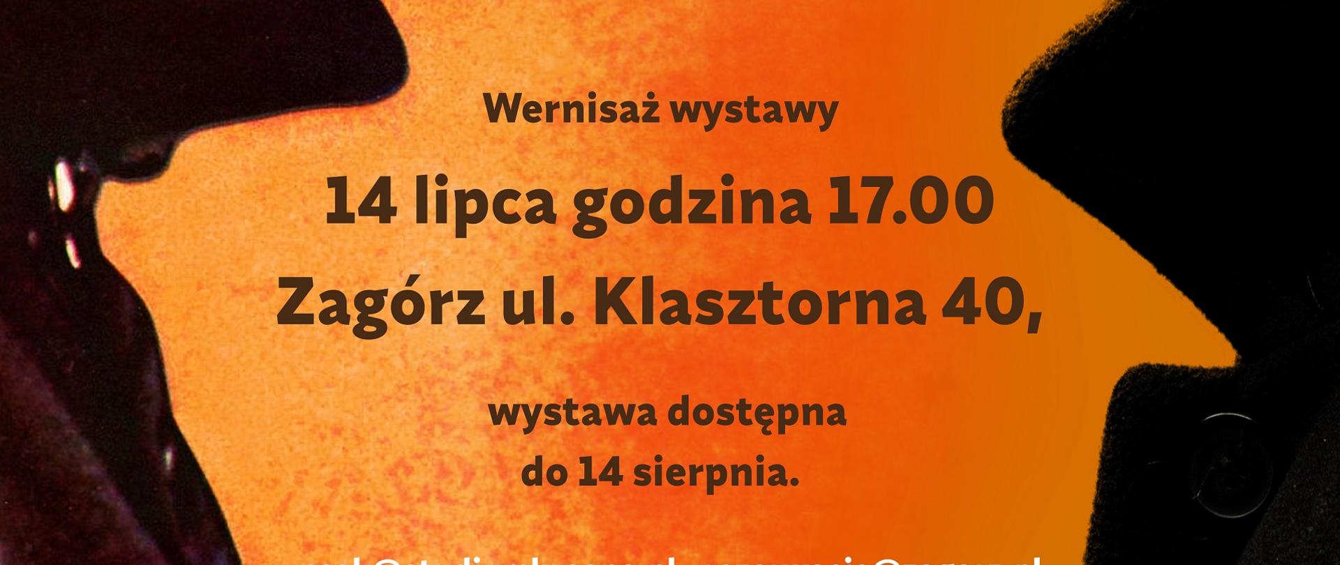 Plakat informujący o wystawie fotograficznej. Tło plakatu jest pomarańczowe. Na górze tytuł wystawy Wyobrażone na nowo, po bokach żółte napisy informujące gdzie i kiedy odbędzie się wystawa. Na gole logo Studium. Po bokach plakatu profil kobiety i mężczyzny. 