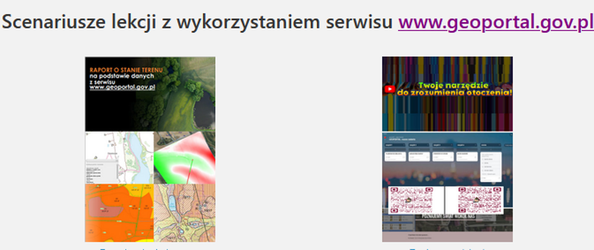Ilustracja przedstawia zrzut ekranu z sekcji "Scenariusze lekcji z wykorzystaniem serwisu www.geoportal.gov.pl" zamieszczonej w module "Edukacja".