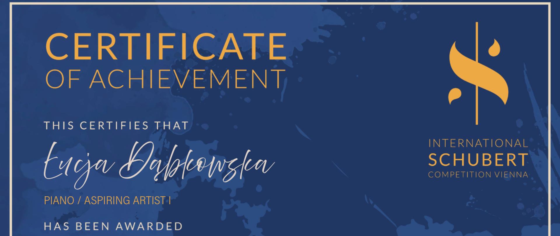 Dyplom drugiej nagrody dla Łucji Dąbkowskiej w Międzynarodowym Konkursie Schubert we Wiedniu dwa tysiące dwudziestego piątego roku w formie online