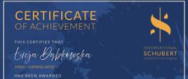 Dyplom drugiej nagrody dla Łucji Dąbkowskiej w Międzynarodowym Konkursie Schubert we Wiedniu dwa tysiące dwudziestego piątego roku w formie online