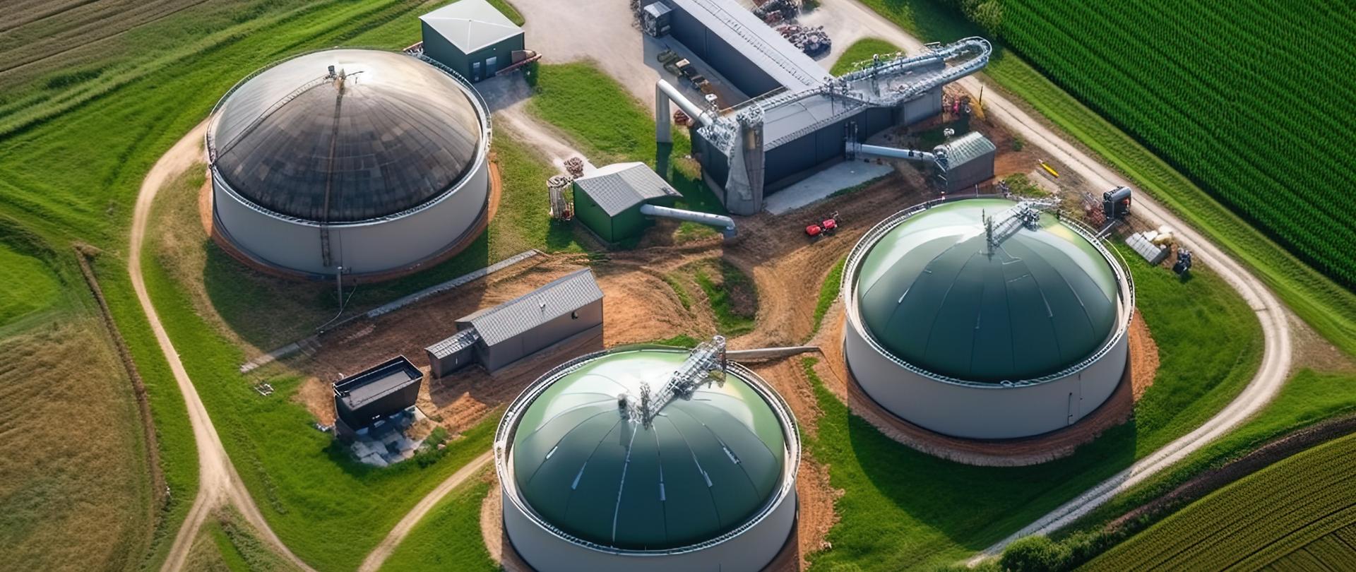 Widok z lotu ptaka na biogazownię rolniczą położoną wśród pól uprawnych. Na terenie instalacji widoczne są trzy duże, okrągłe zbiorniki fermentacyjne z kopułowymi dachami, budynki technologiczne oraz drogi dojazdowe.
