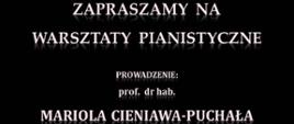 Na czarnym tle białe napisy informujące o warsztatach