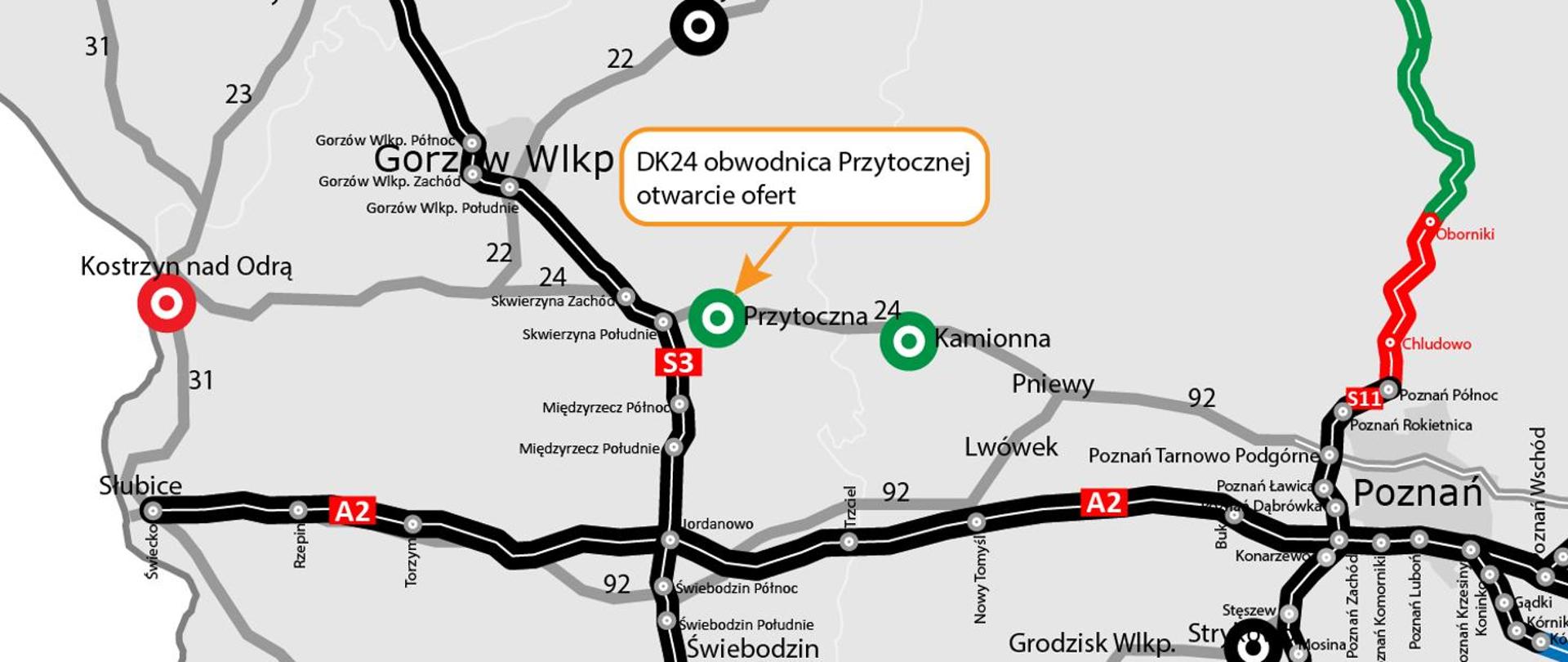 Infografika przedstawiająca mapę z zaznaczoną lokalizacją planowanej obwodnicy Przytocznej