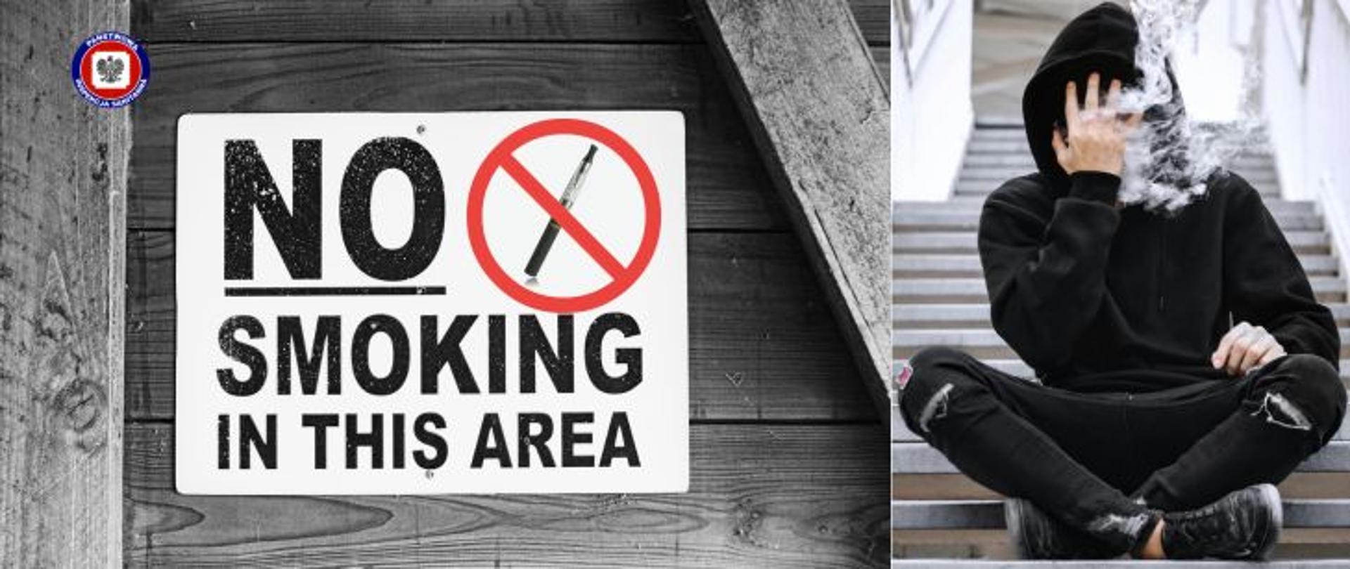 Po lewej stronie grafiki w szarej tonacji na betonowych schodach siedzi młody mężczyzna ubrany na czarno z kapturem na głowie i zakrywając twarz wypuszcza kłęby dymu papierosowego. Z prawej strony drewniana ściana z biało-czarną tabliczką mówiącą o zakazie palenia w języku angielskim No smoking in this area z czerwonym symbolem zakazu z przekreślonym e-papierosem. 