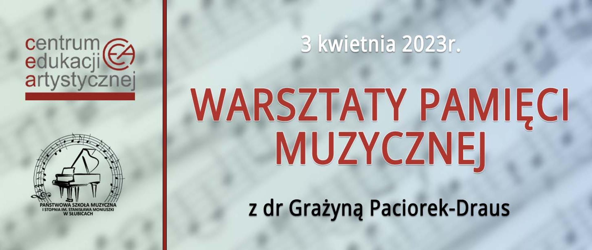 Zapowiedź graficzna warsztatów, po lewej logotypy CEA i PSM Słubice, po prawej data, nazwa i nazwisko osoby prowadzącej warsztaty.