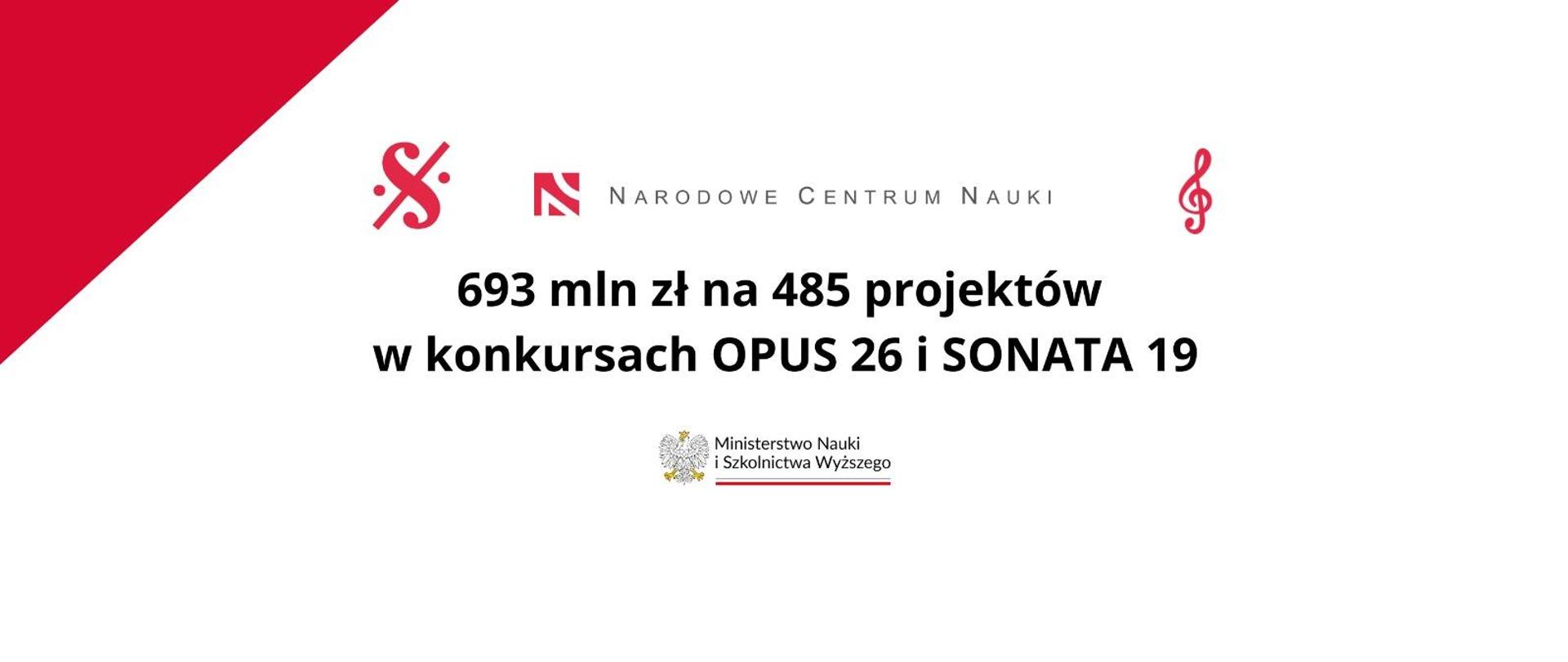 Grafika - na białym tle napis 693 mln zł na 485 projektów w konkursach OPUS 26 i SONATA 19.