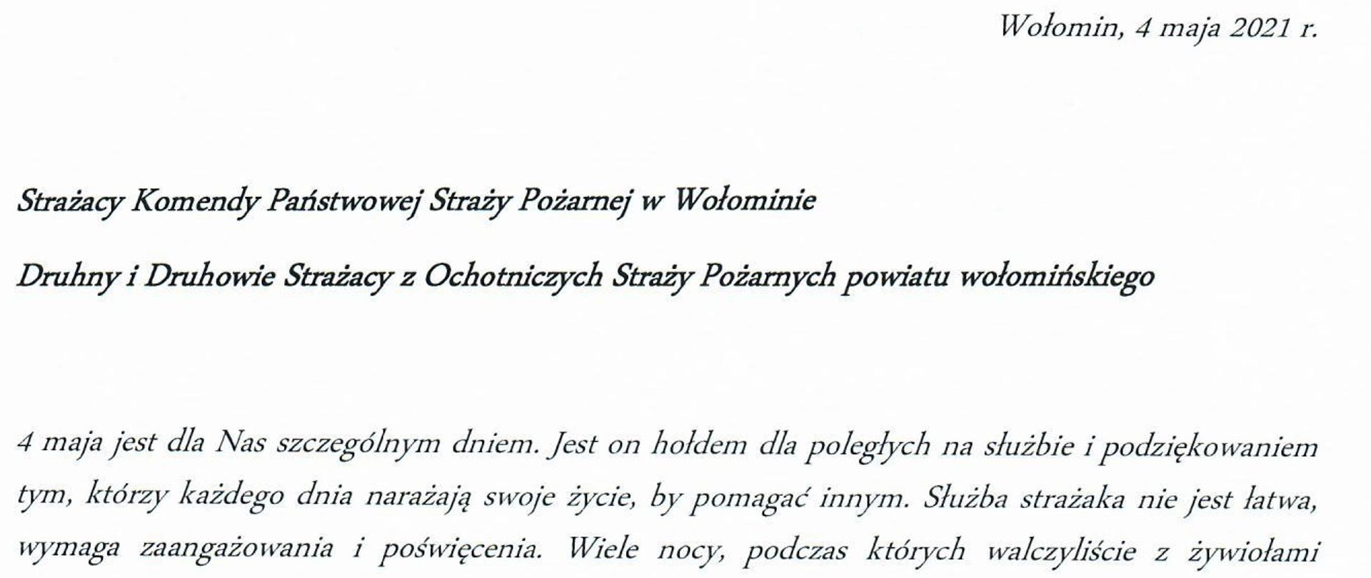List Komendanta Powiatowego PSP w Wołominie z okazji Dnia Strażaka