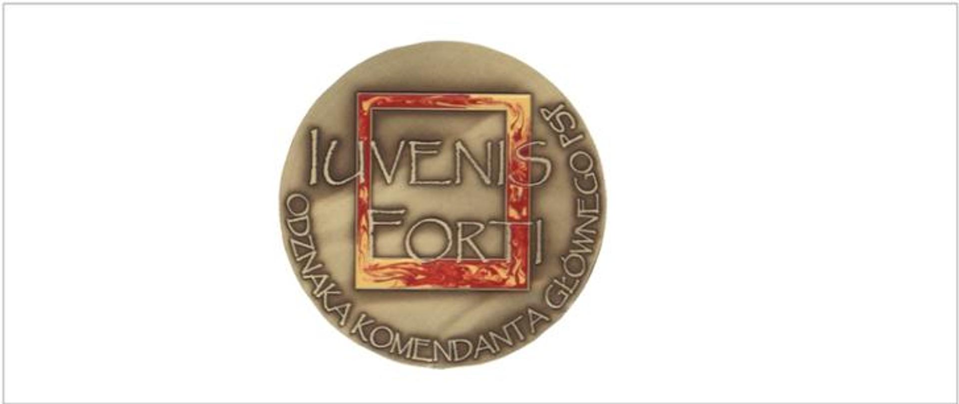 srebrna okrągła odznaka na której widnieje napis iuvenis fortis odznaka komendanta głównego PSP
