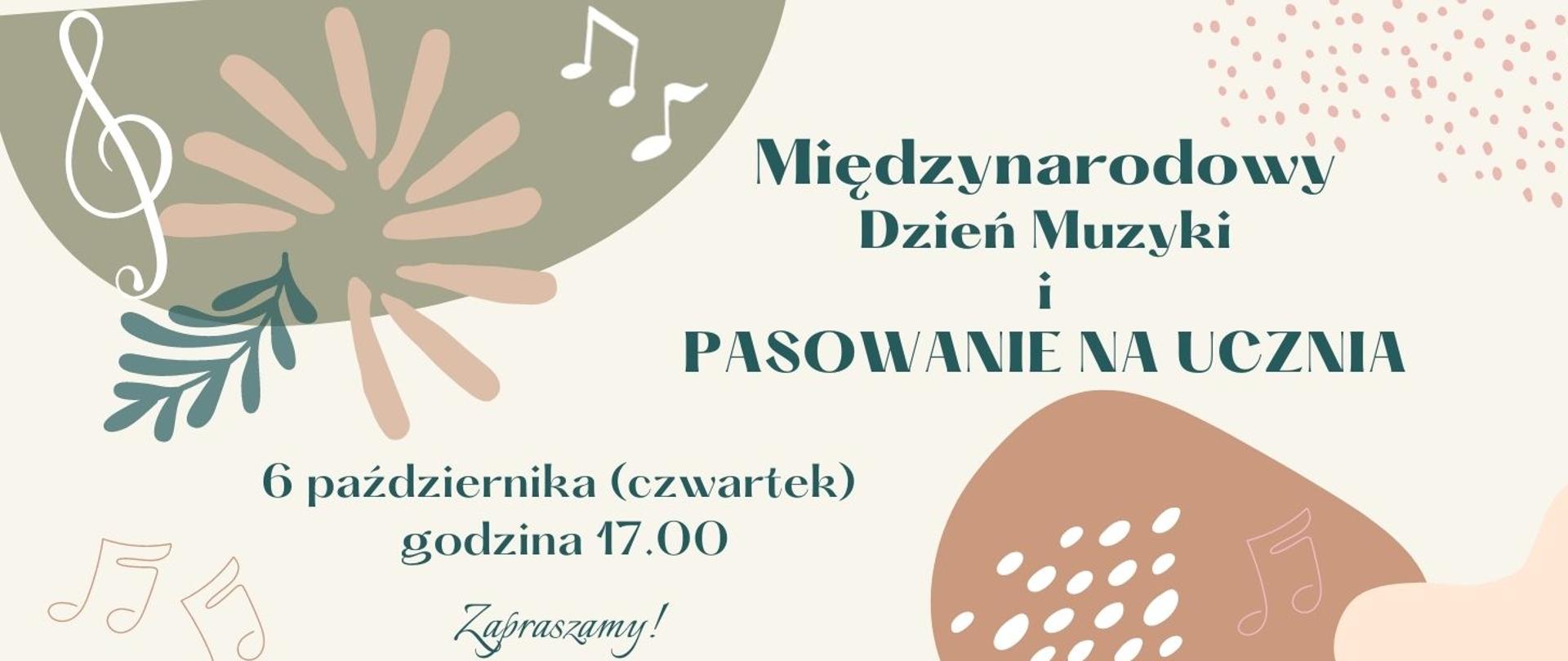 Na jasnym tle symbole nut, klucza wiolinowego, liść oraz informacja o koncercie z okazji Międzynarodowego Dnia Muzyki i Pasowania na Ucznia.