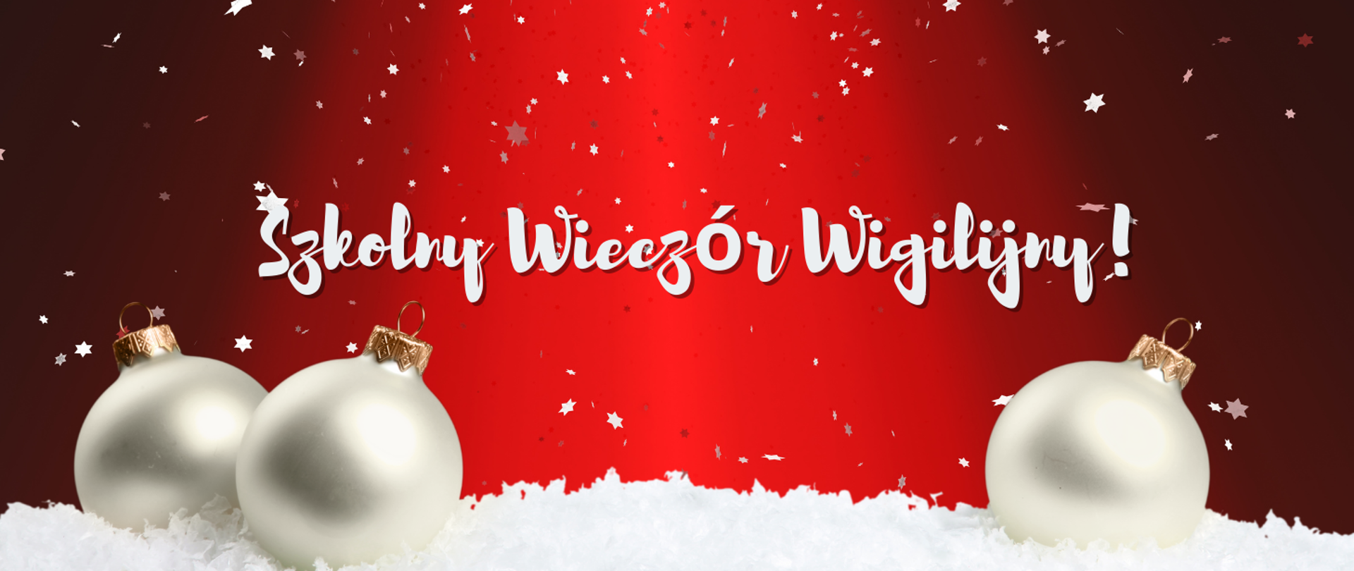 Na czerwony tle u dołu puch śnieżny, a na nim bombki w kolorze białym. W centralnej części obrazka biały napis: " Szkolny Wieczór Wigilijny". Od góry obrazka opadają białe malutkie gwiazdki.