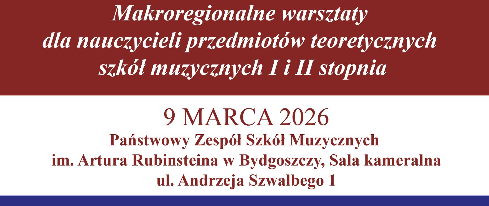 plakat na kolorowym tle białe litery napisy informują o warsztatach dla nauczycieli teorii muzyki w dniu dziewiątego marca