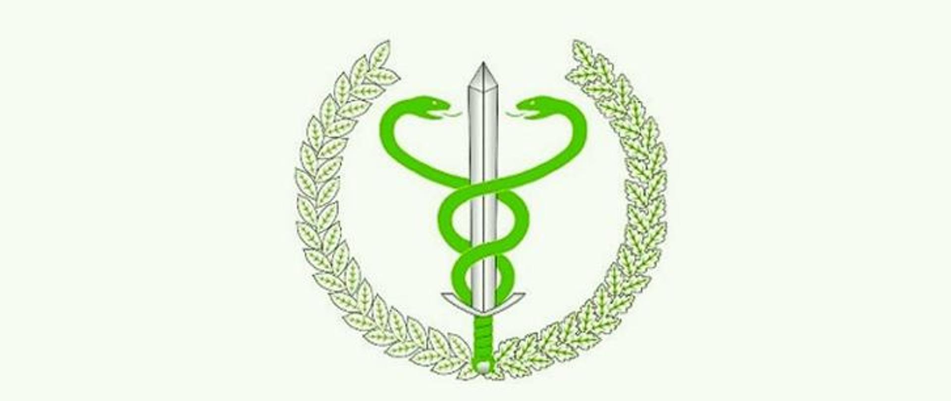 Logo Państwowej Inspekcji Weterynaryjnej - dwa węże oplecione wokół miecza, wokół nich wieniec z liści dębu.