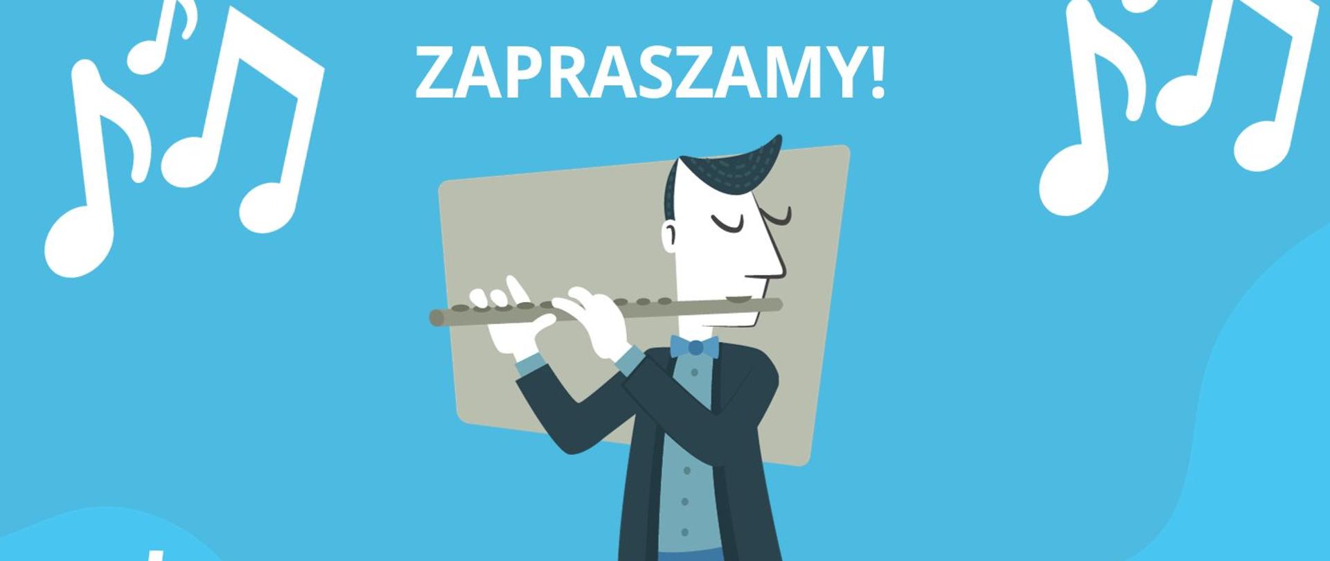 Na niebieskim tle od góry biało-żółty napis "popis uczniów klasy fletu", poniżej nazwisko nauczyciela (Wioletta Buraczewska) i akompaniatora (Edyta Szymańska), jeszcze niżej informacje o czasie i miejscu wydarzenia (28 listopada, godz. 16.30, sala koncertowa PSM I st. w Kępnie. Plakat przyozdobiony grafiką przedstawiającą osobę grającą na flecie, białe nutki i fragment klawiatury fortepianu. 