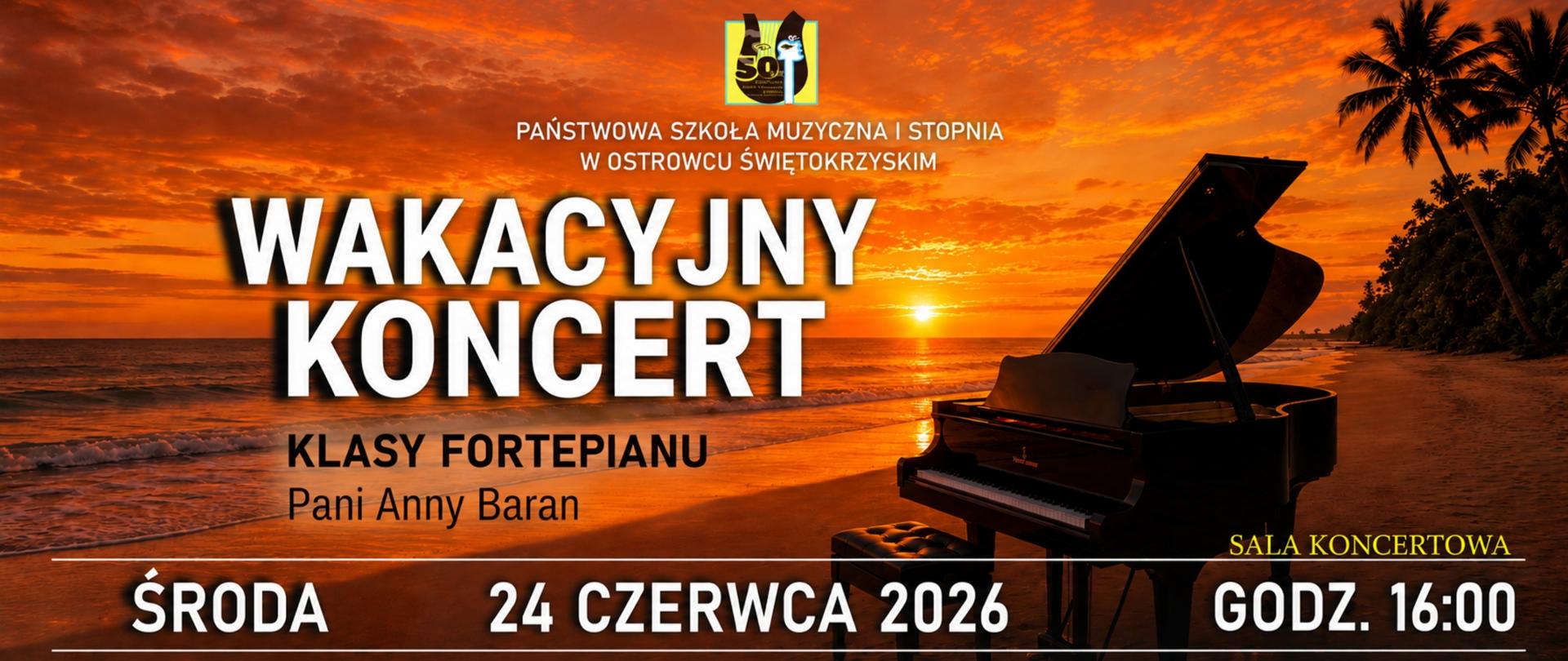 fortepian nad brzegiem morza na brązowym tle z białymi, żółtymi i czarnymi literami informującymi o koncercie, z logo szkoły na środku u góry