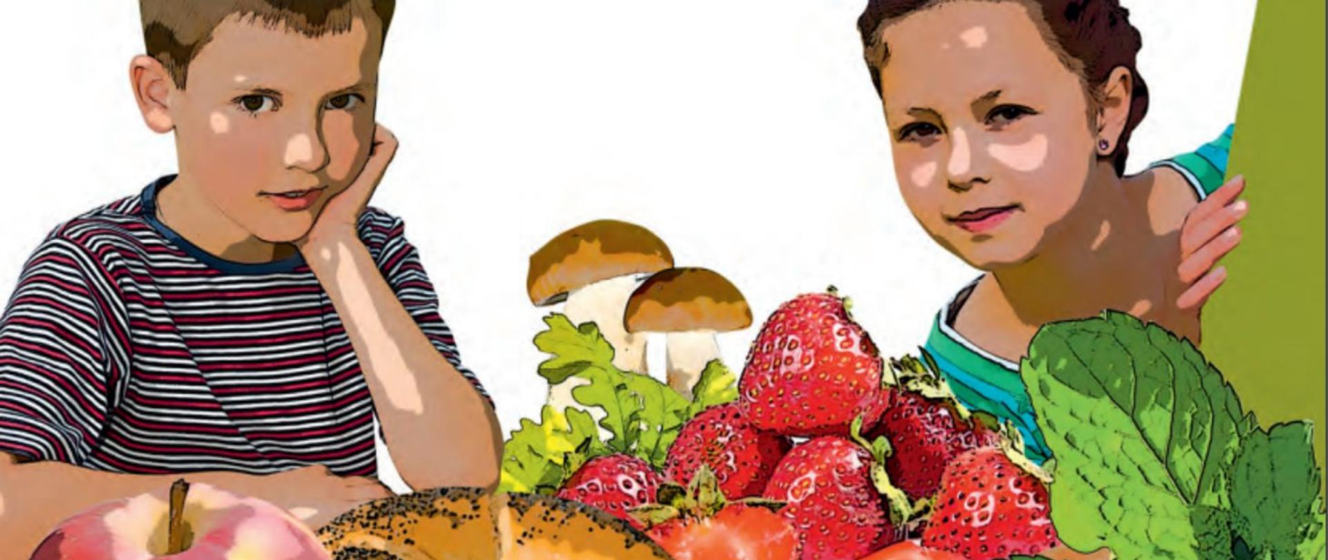 Komiksowa ilustracja przedstawiająca dwoje dzieci, między którymi ułożone są owoce, leśne grzyby i pieczywo na białym tle.