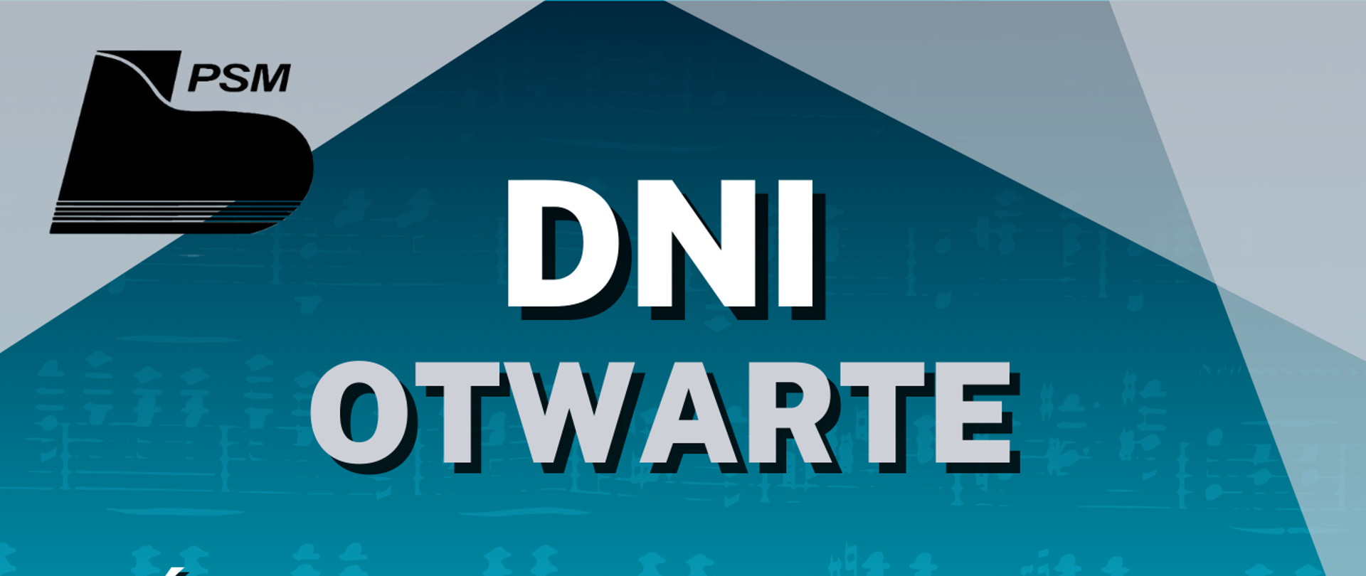 Szaro-niebieski plakat, biało szare napisy informujący o dniach otwartych szkoły.