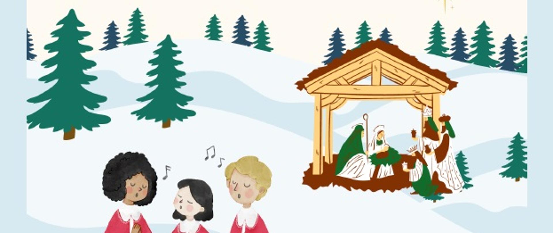 Plakat koncertu z ilustracjami świątecznymi, śniegiem, choinkami oraz śpiewającym chórem i szopką