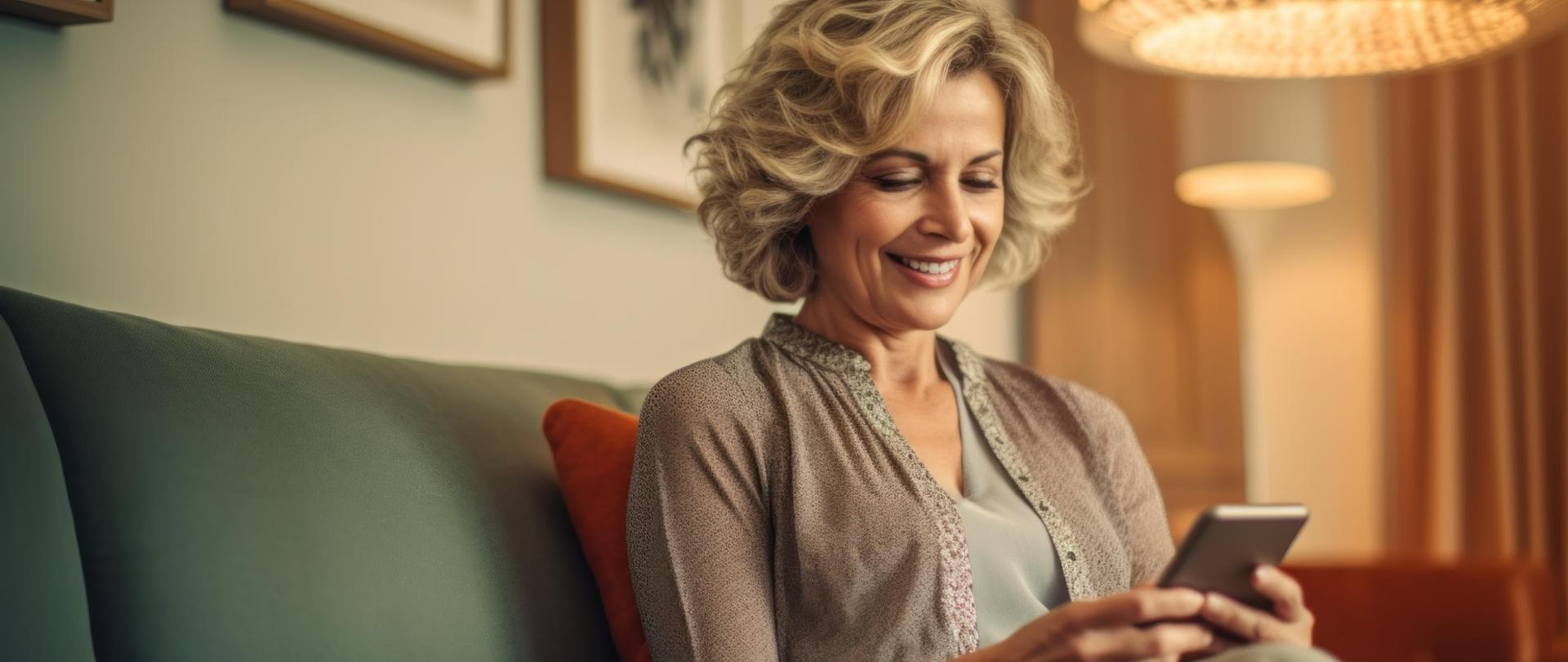 Kobieta z telefonem siedząca na kanapie.