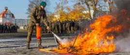 Zdjęcie przedstawia żołnierza w mundurze moro, która gasi pożar śmietnika przy użyciu gaśnicy proszkowej. W tle żołnierze stojący podczas zbiórki, drzewa w jesiennych kolorach i budynki.