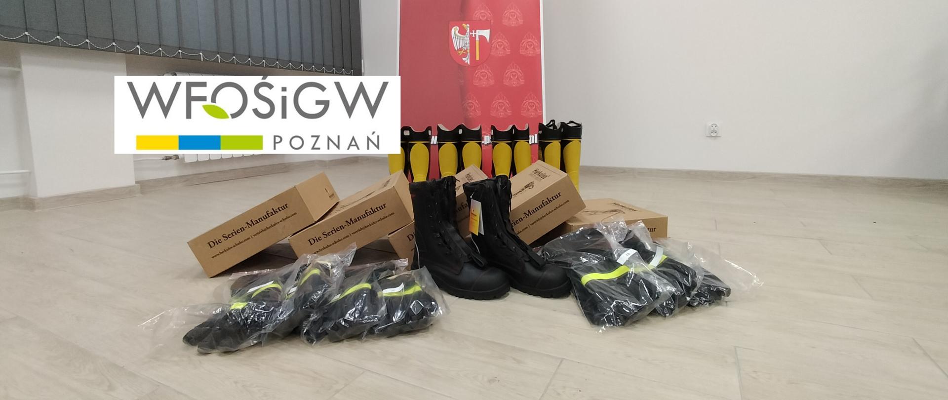 Na zdjęciu widać sprzęt ochrony indywidualnej zakupiony oraz logoWFOŚiGW 