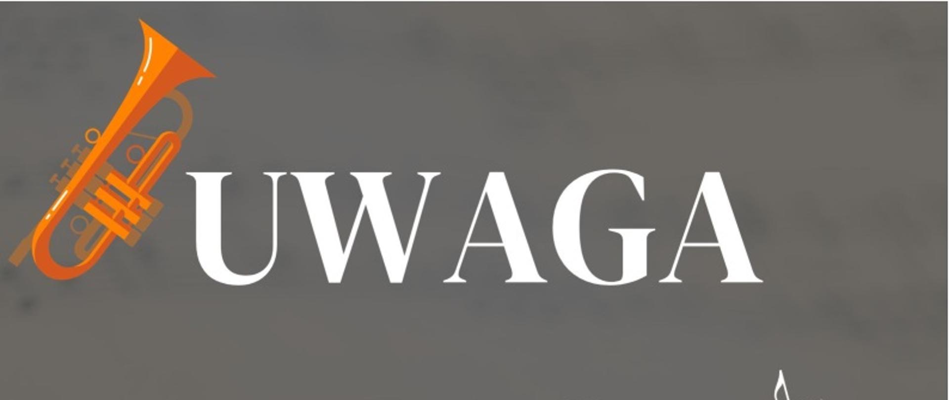 Szary plakat UWAGA KLASY I-III c6, kolorowe instrumenty, i w tle nuty