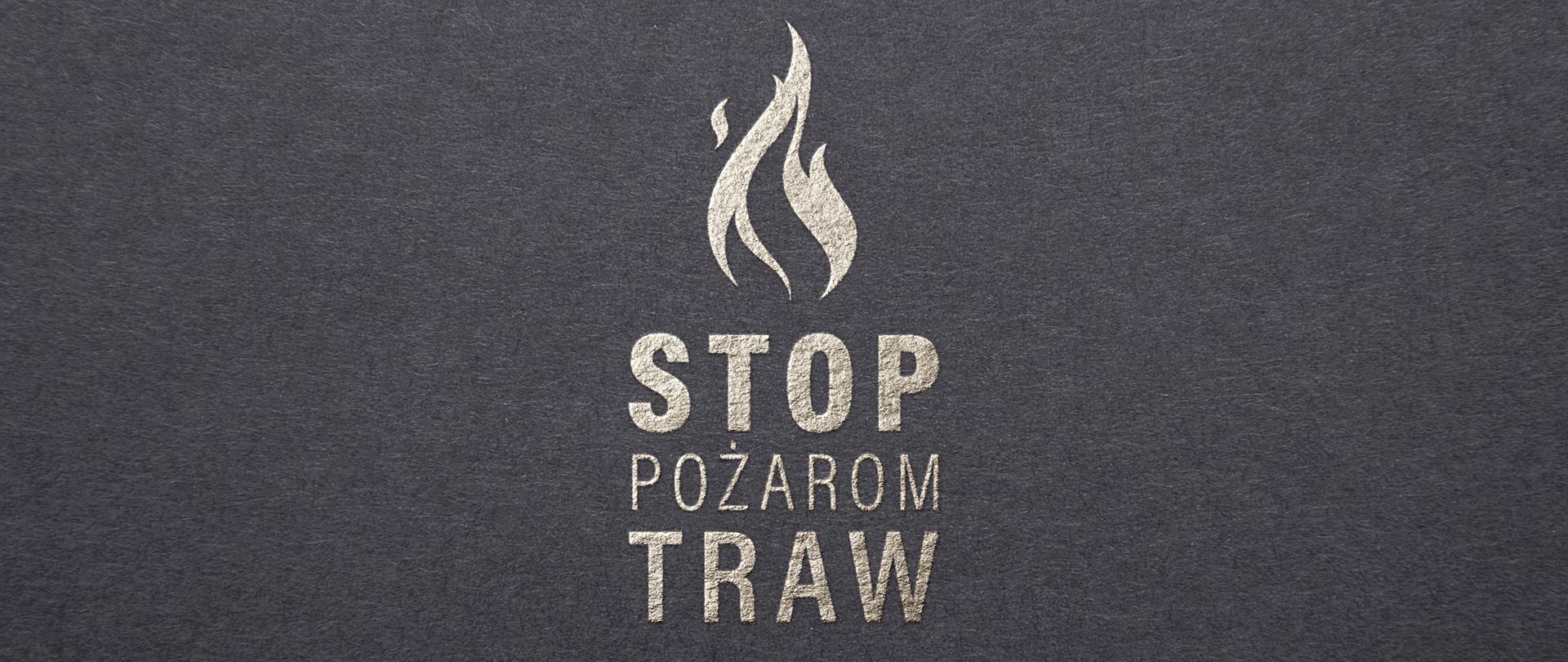 Zdjęcie przestawia logo kampanii stop pożarom traw: płomień nad napisem stop pożarom traw na szarym tle 