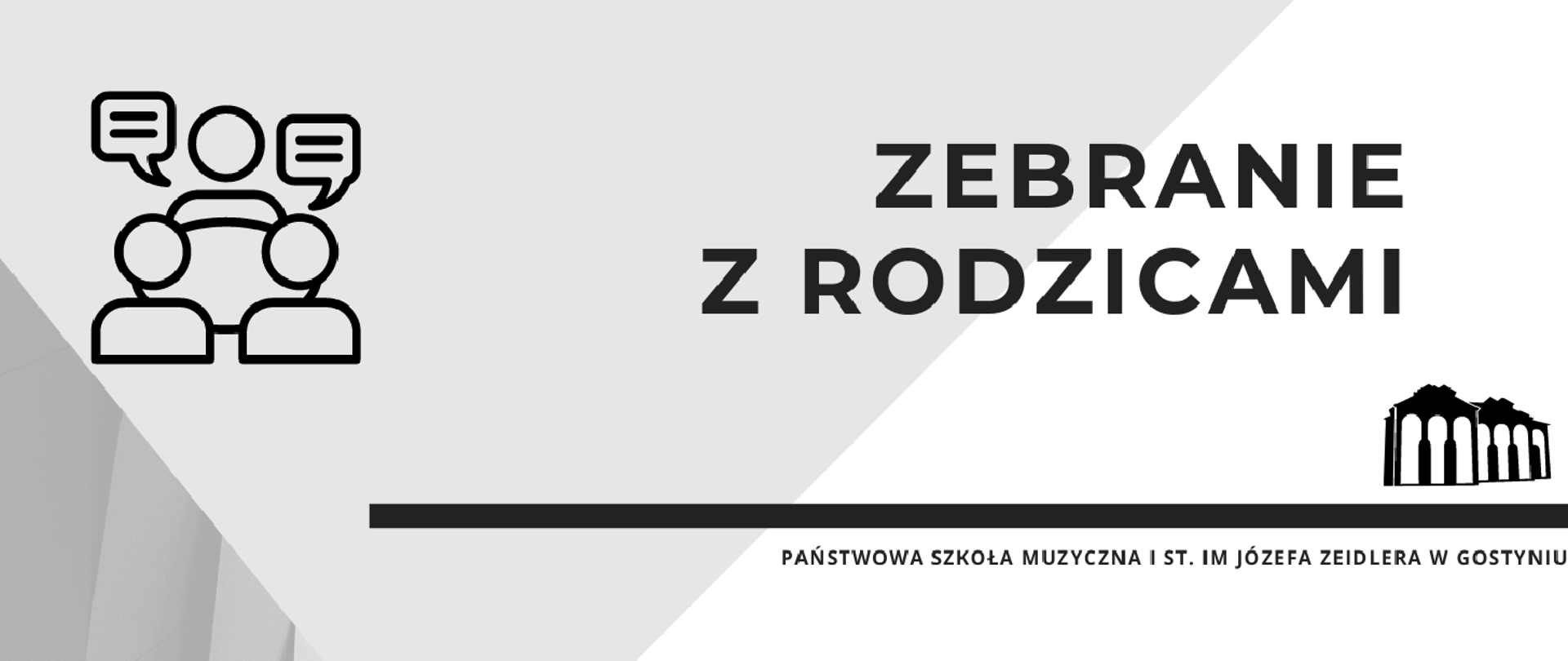 Baner przedstawia informację o zebraniu z rodzicami. Z lewej strony jest zarys trzech osób prowadzących rozmowę, na środku napis zebranie z rodzicami, po prawej logo szkoły oraz nazwa. Całość jest na fioletowo białym tle. 