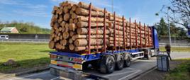 Ciągnik siodłowy z podpiętą naczepą kłonicową i nadmiarem przewożonych kłód drewna stoi w punkcie kontrolnym, tuż za wagami Inspekcji Transportu Drogowego.