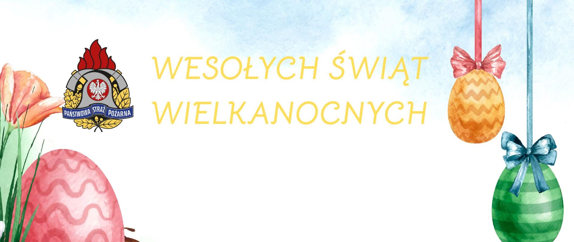 kartka świąteczna z malowankami w górnej części logo straży i napis wesołych świąt wielkanocnych