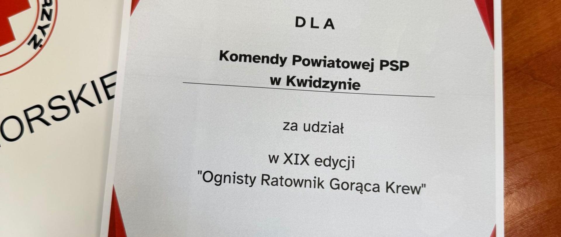 Dyplom dla KP PSP Kwidzyn 