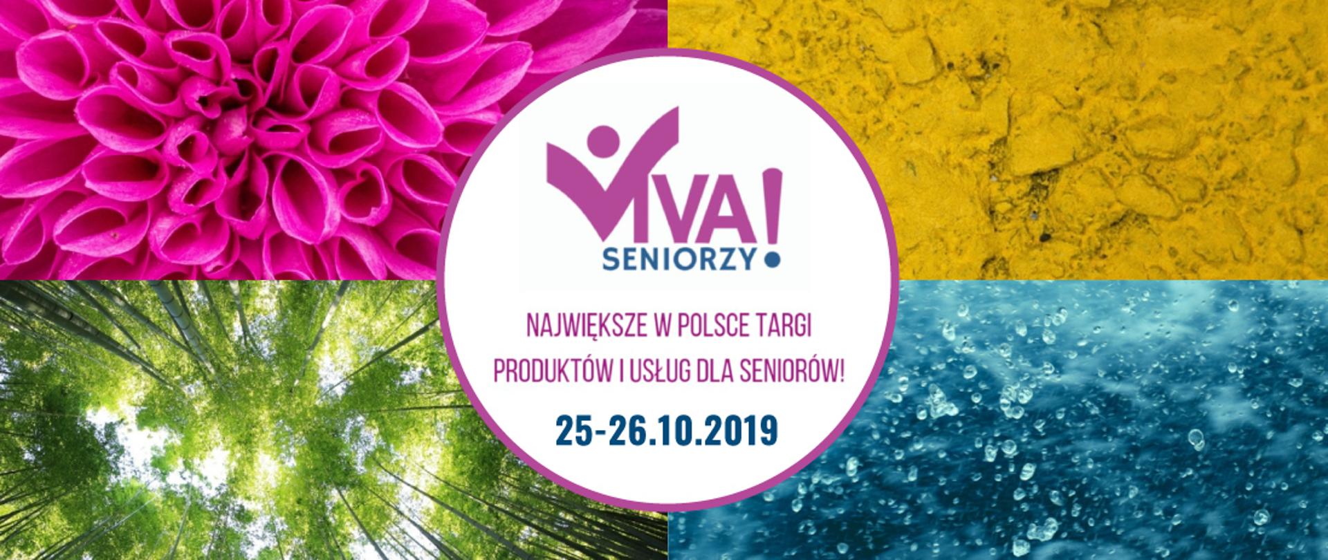 Banner konferencji - tytuł Viva Seniorzy na tle czterech zdjęć przedstawiających kwiaty, las, piach i wodę.