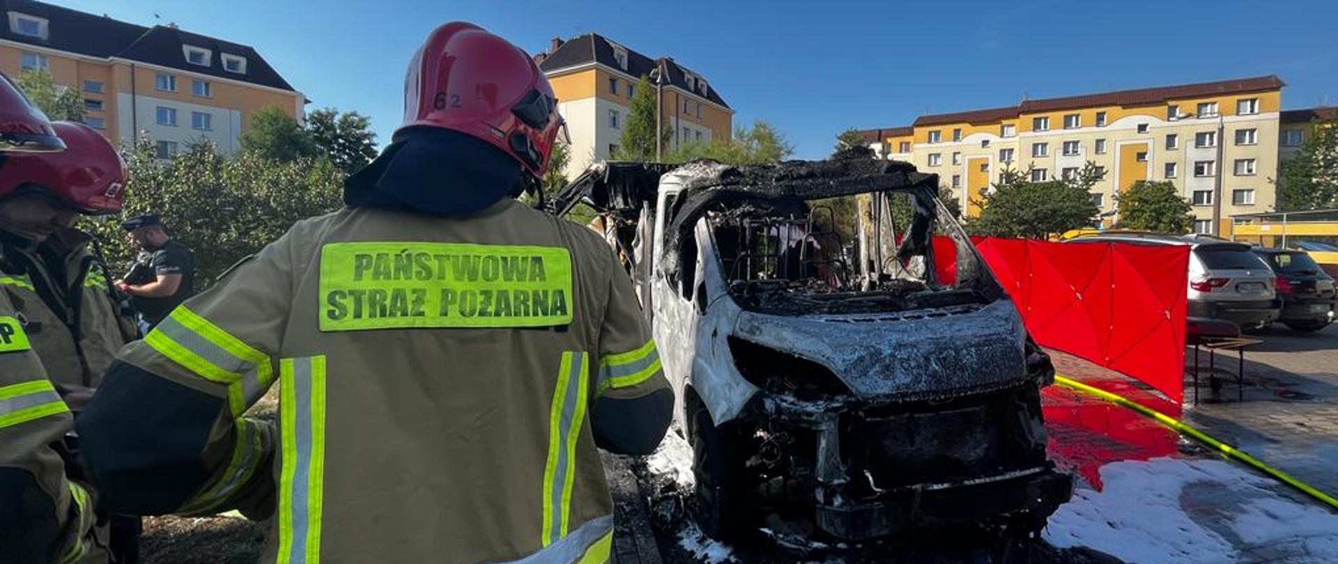 Na pierwszym planie strażacy w ubraniach ochronnych, na drugim zgliszcza spalonego kampera