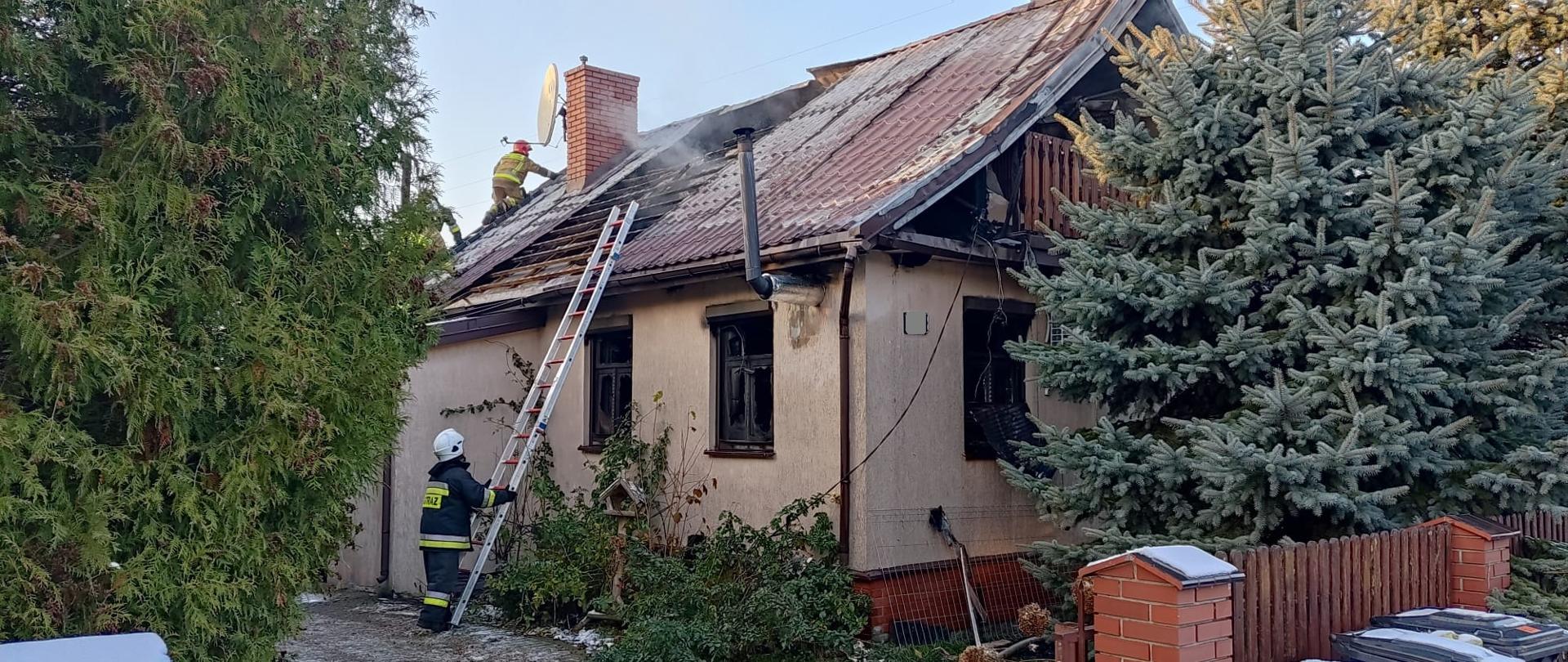 Budynek mieszkalny po pożarze. Część pokrycia dachu usunięta. Pozostała na dachu blachodachówka opalona. Opalone okna. Na dachu oraz na dole przy budynku pracują strażacy.